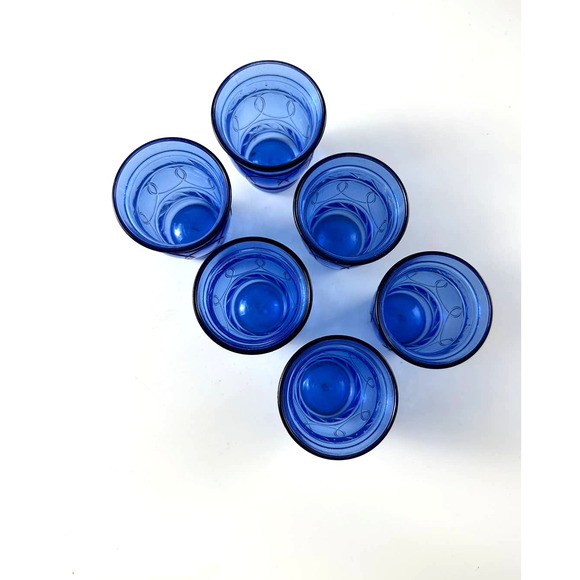 Vintage Hazel Atlas Ring O Rings Cobalt Blue Shot Juice Cordial Glasses Tumblers - Picture 4 of 12